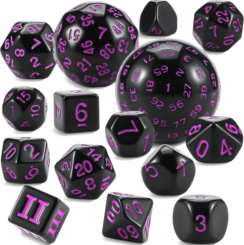 CiaraQ DND Polyhedral Dice Set (15pcs) D4-D100 Game Dice with Dice Bag for Dungeons and Dragons Role Playing Table Games (Black & Purple) - Image 1
